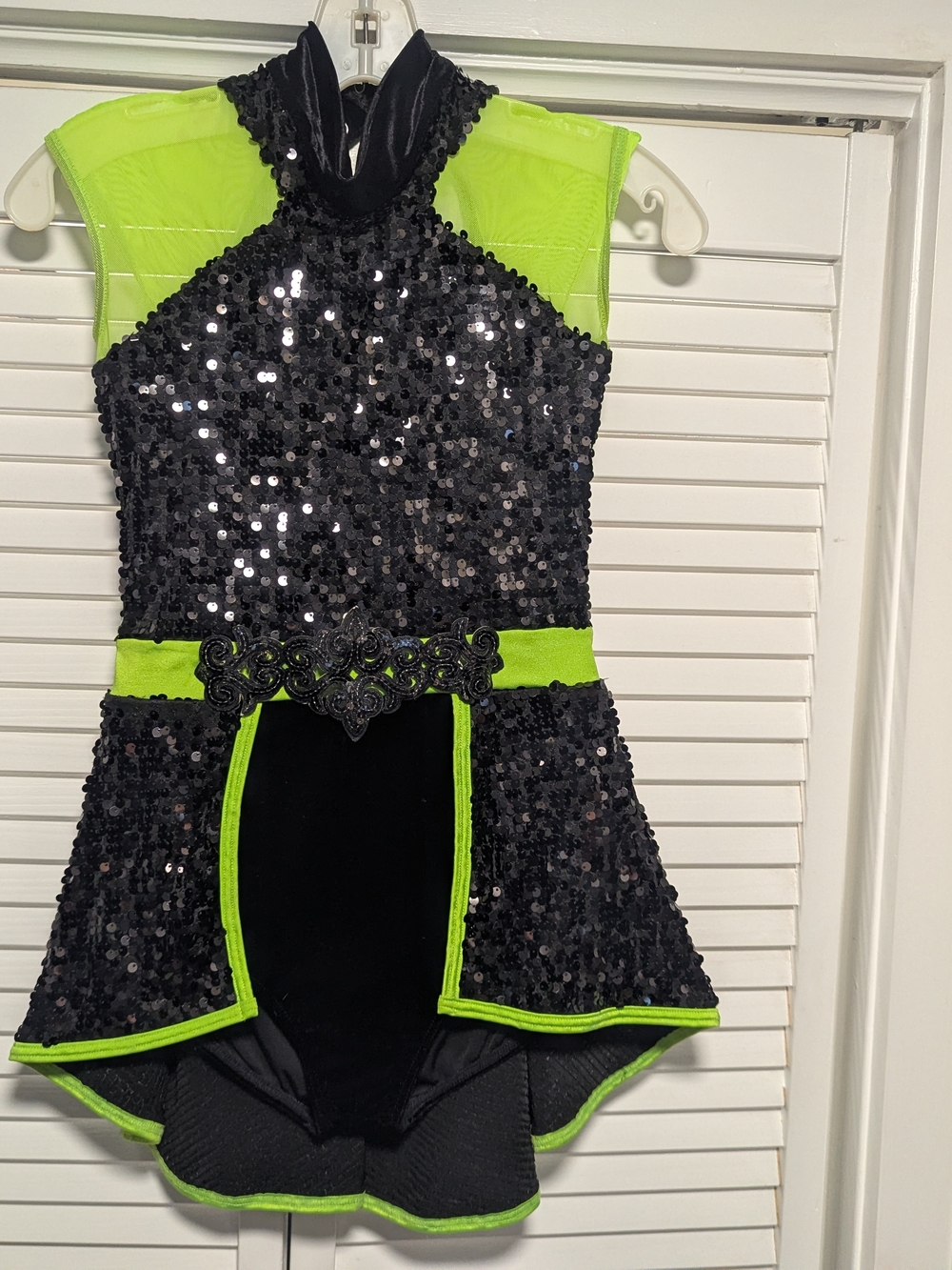 Weissman Black Sequin Dance Costume with Neon Green Accents, Jazz/Acro/Tap, SA